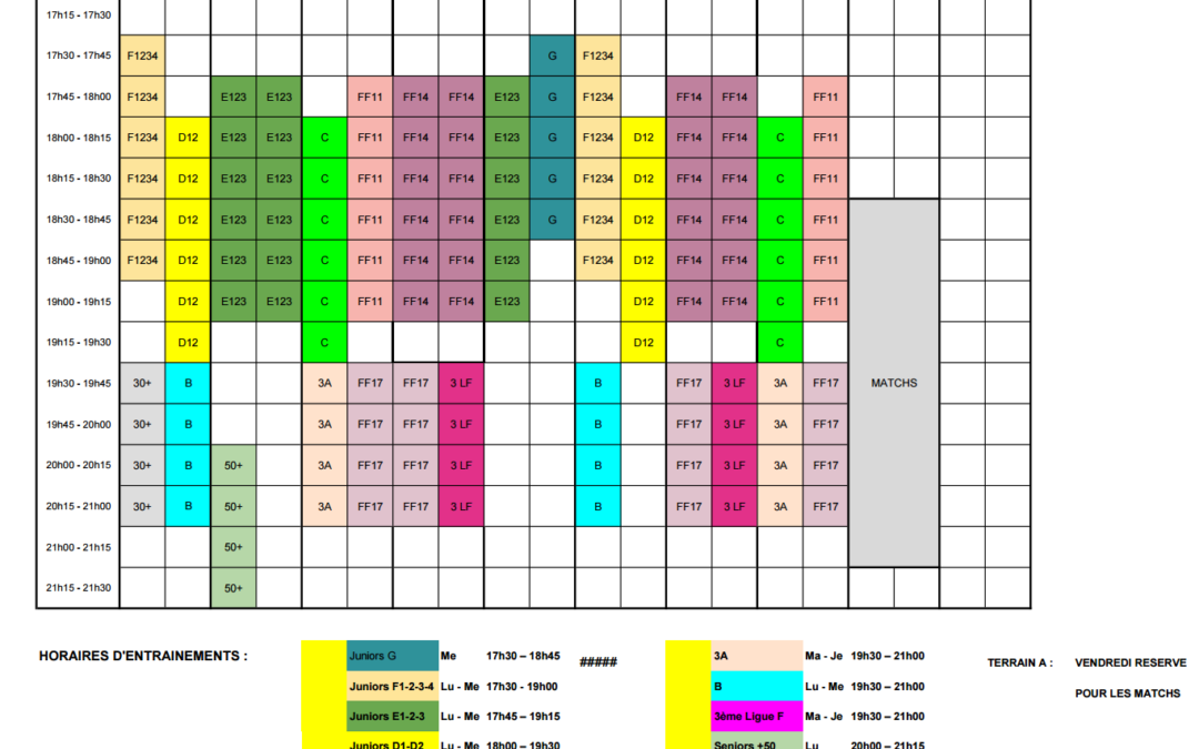 Planning des entrainements 2026-27